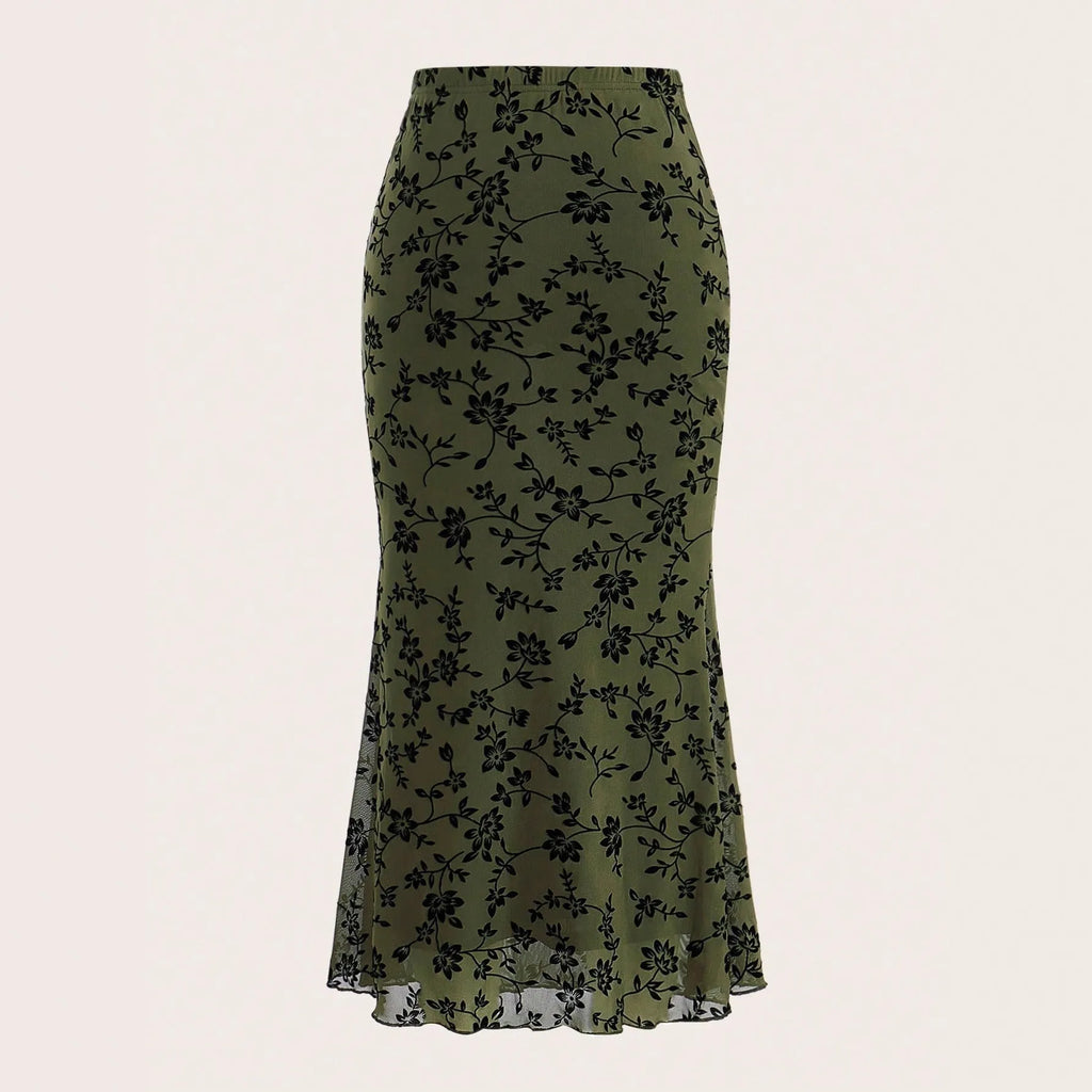 Dark green floral half-length fishtail skirt for women with medium elastic waist and polyester fabric
