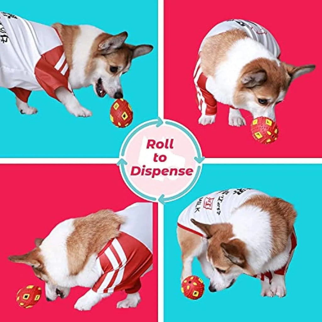 Egg-shaped puppy teething chew toy with hollow treat centre, ragged surface, purple or red, for small dogs.