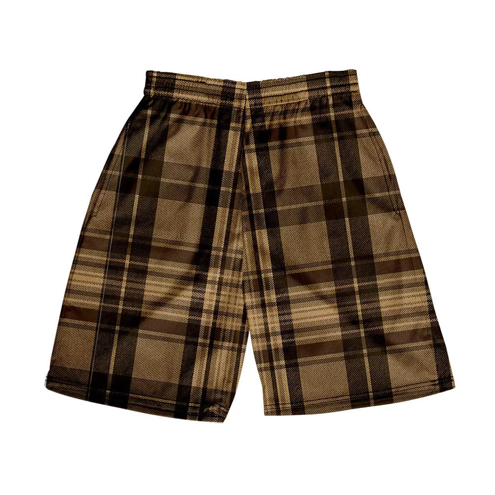 Men's plaid pattern casual shorts with elastic waistband on a plain background.
