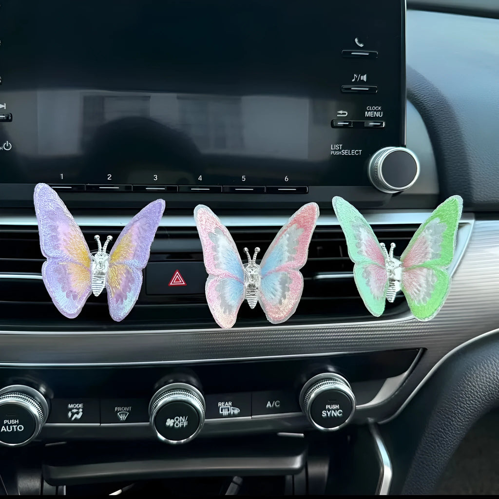 Soft fabric embroidered butterfly car interior decoration for air vents or centre console in multiple colours.