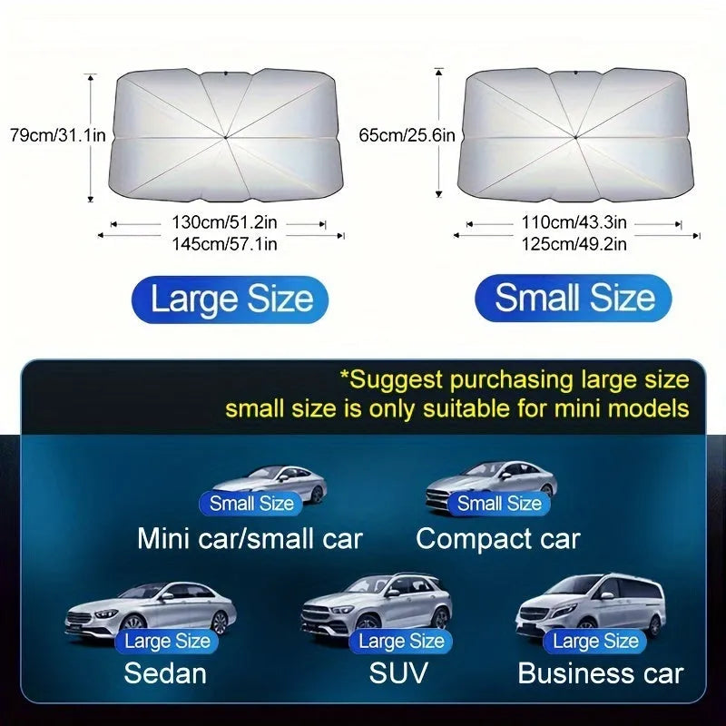 Foldable car windshield sunshade umbrella showing open and folded positions