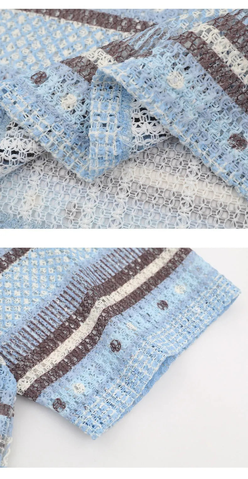 Blue men's printed short sleeve shirt with loose fit and elastic polyester fabric