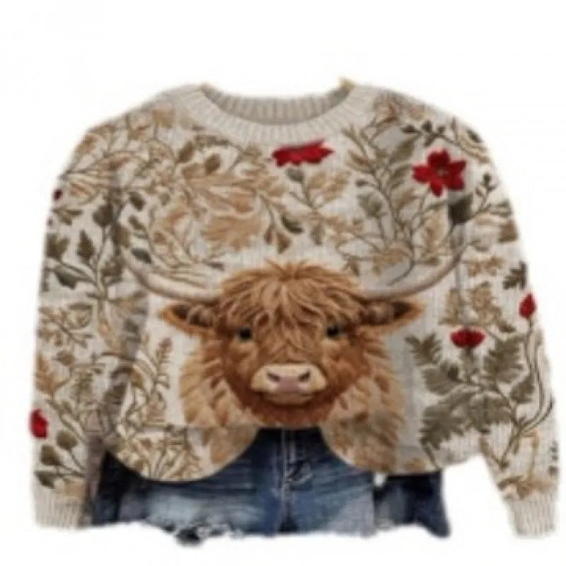 Little flower digital printed round neck polyester sweater in extended sizes S to 4XL