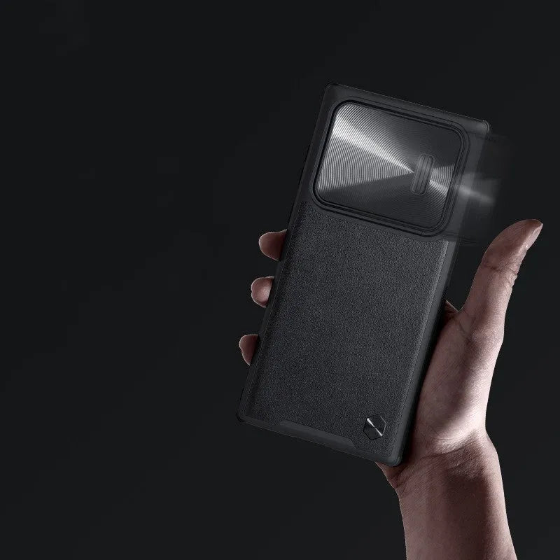 Samsung Galaxy S22 Ultra black protective case with sliding lens cover in TPU and PC material