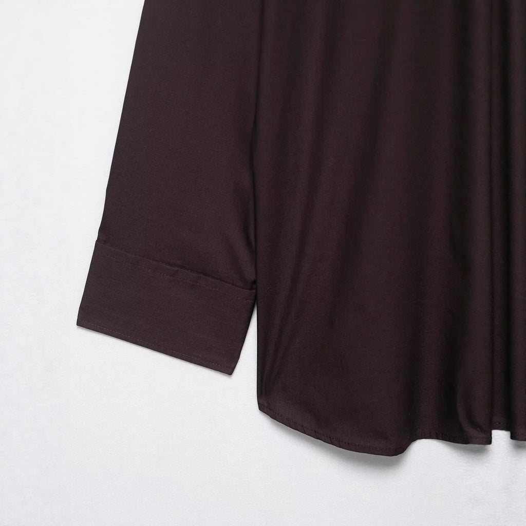 Brown women's poplin shirt with cardigan-style front and bow tie detail, long sleeves and loose fit