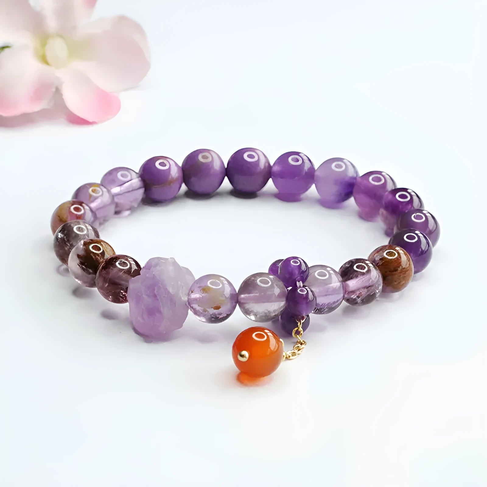 Mori style nine purple fire Duobao crystal bracelet with 8mm amethyst beads and red agate stones