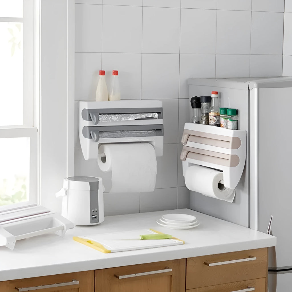 4-in-1 wall-mounted kitchen roll holder dispenser in white ABS for cling film foil and paper towel rolls