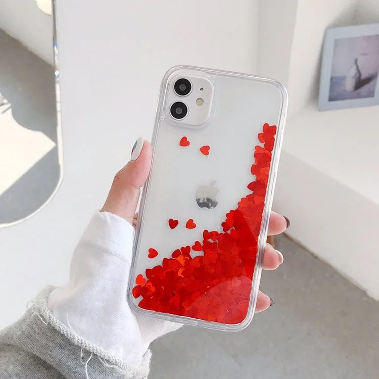 Quicksand Flowing Love silicone phone case soft TPU bumper with transparent back and pink love design for Apple iPhone