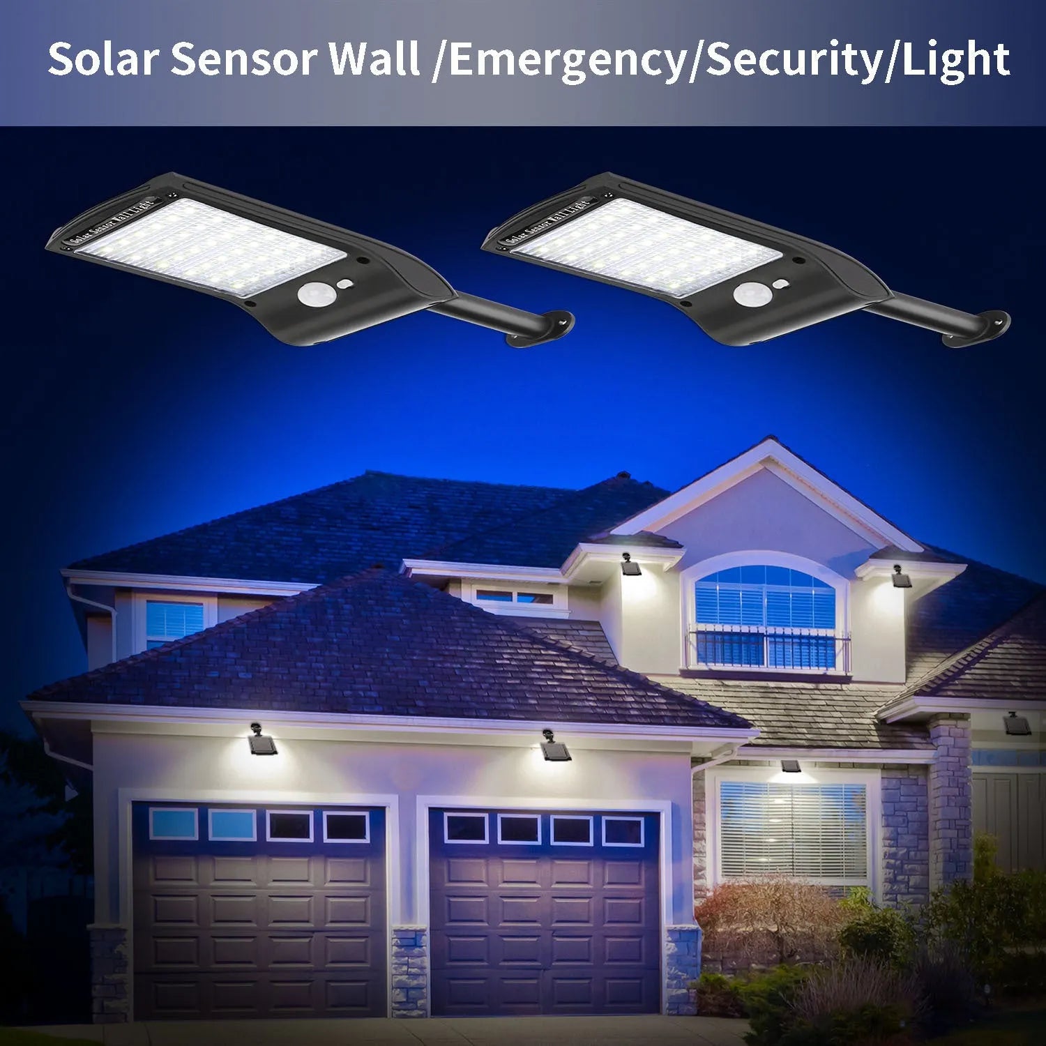 Black solar-powered outdoor wall light with motion sensor and 36 LEDs on an adjustable mount.
