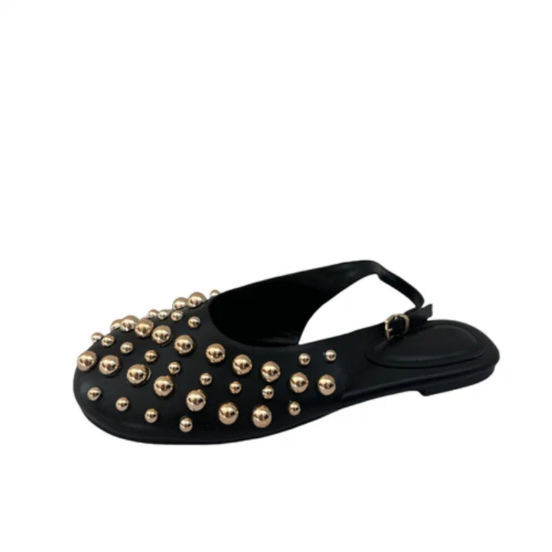 Women's flat sandals with rivet button detail, cowhide upper, black gold and black silver, sizes 35-43.