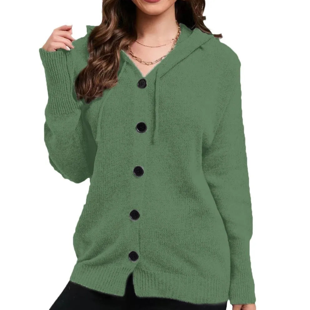 Women's thick cotton hooded cardigan sweater in army green colour showing loose fit and single-breasted design