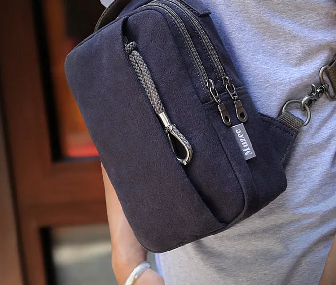 Canvas cross body bag, 16x10x25cm, with 110cm strap, shown in Blue, Grey and Light Brown