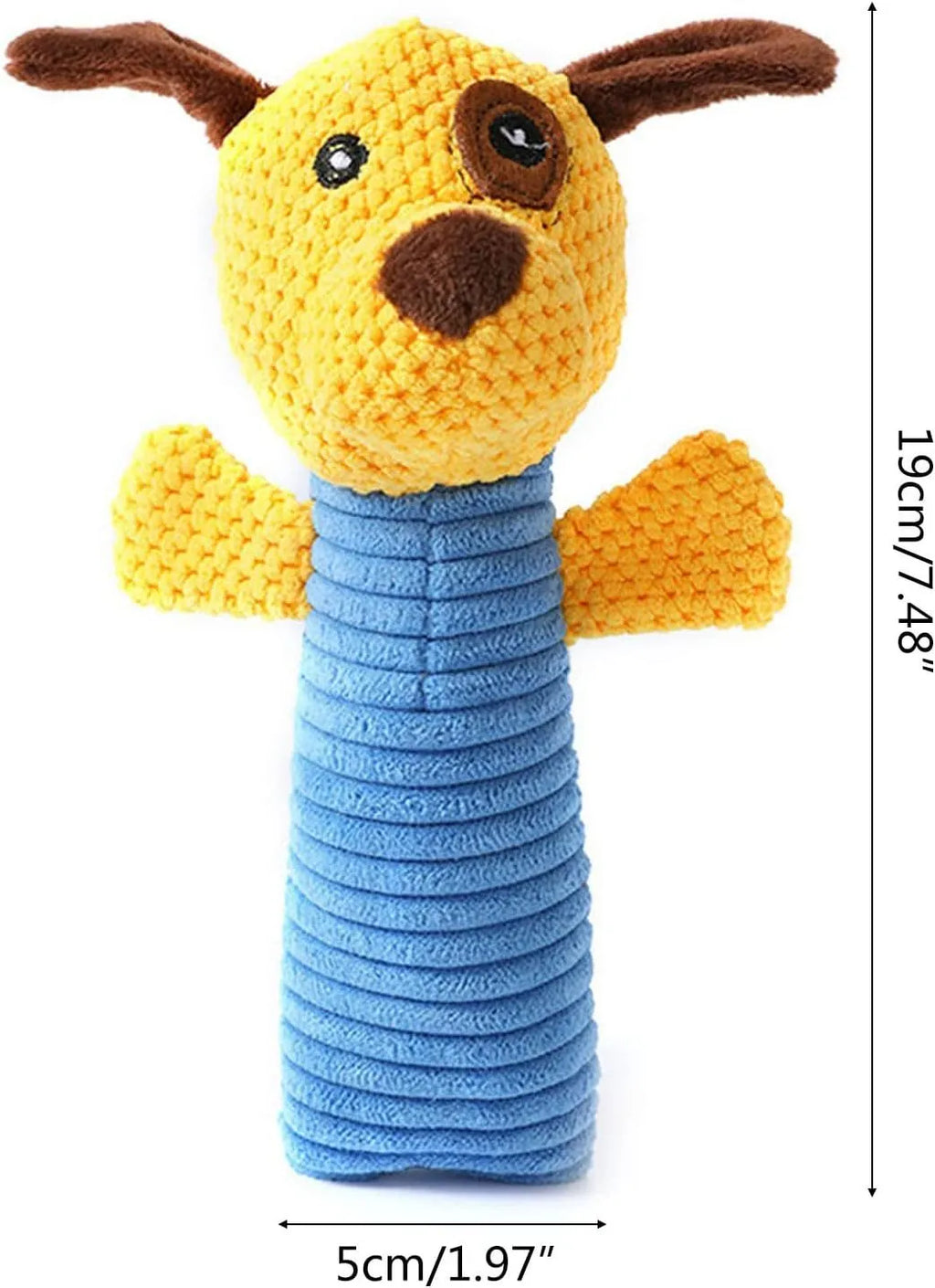 Squeaky plush dog chew toy in animal shapes for dental cleaning, size 19cm by 5cm