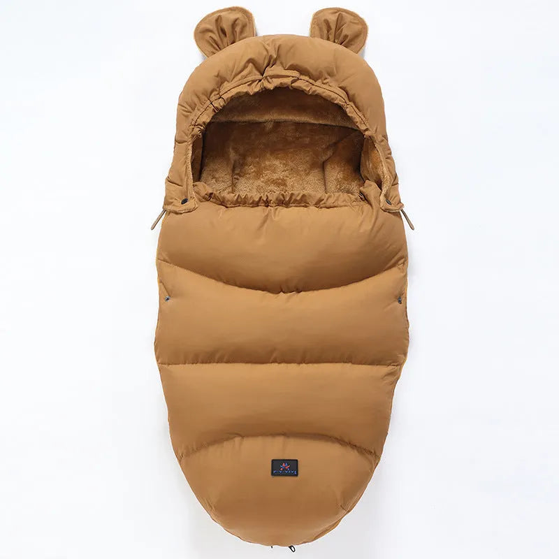 Baby stroller sleeping bag in silkworm cocoon style, shown in a colour option, measuring 100 by 48 centimetres.