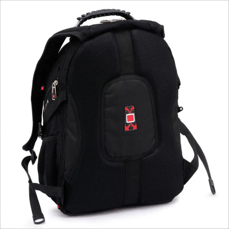 Black business computer backpack with 38-litre capacity showing three compartments for laptop organisation