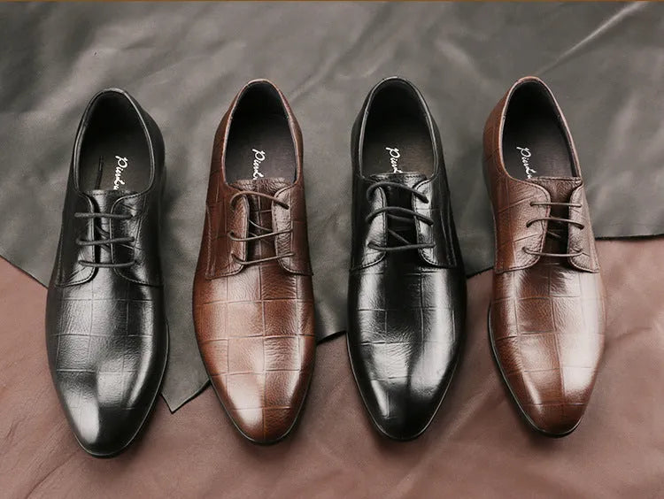 Men's black leather derby shoes with checkered detailing and pointed toe