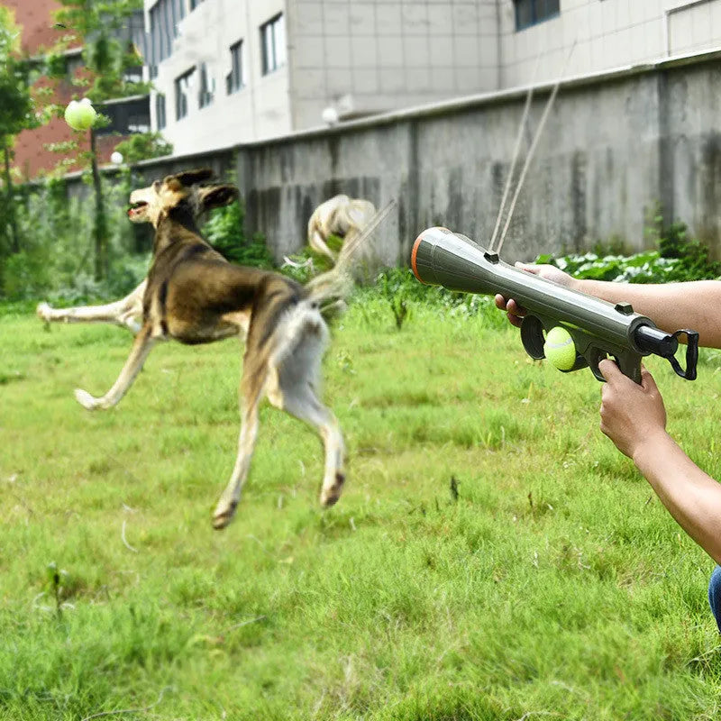 Black ABS plastic tennis ball launcher gun for pets with two tennis balls included