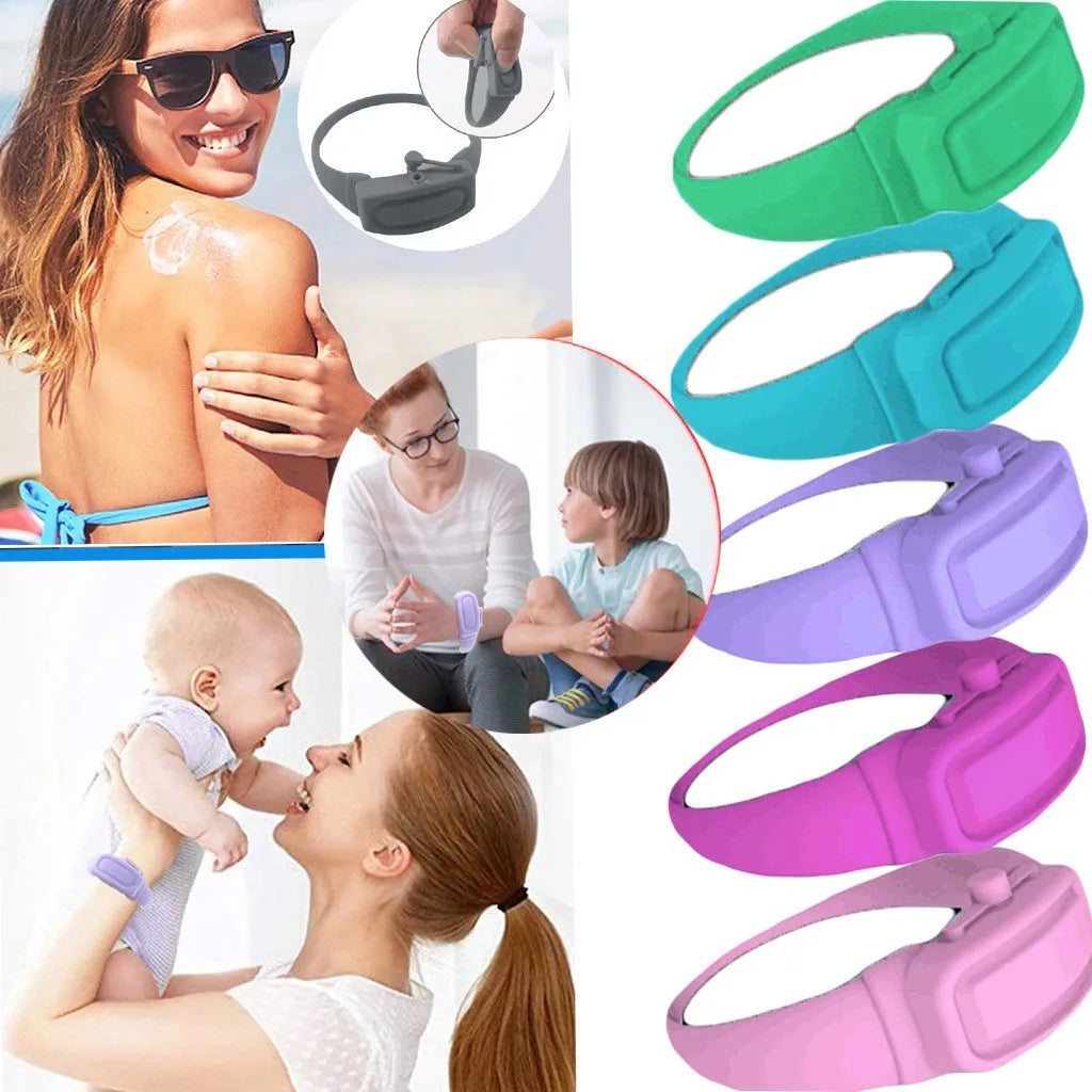 Portable hand sanitizer dispenser bracelet in silicone TPU with two refill caps, shown on a wrist