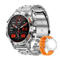 Bluetooth smart watch with colour options including black, silver steel, and orange on an IPS display.