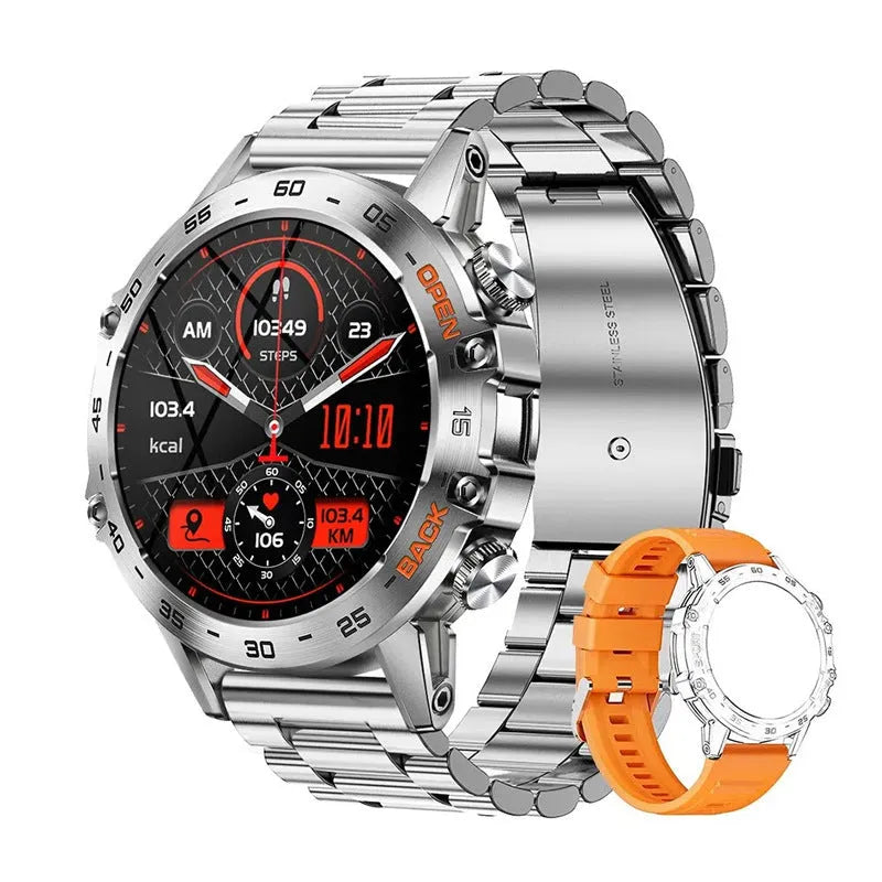 Bluetooth smart watch with colour options including black, silver steel, and orange on an IPS display.