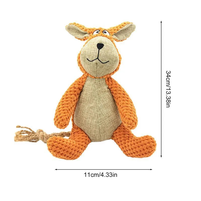 Plush dog chew toy in animal shape with squeaker for teeth cleaning and interactive play