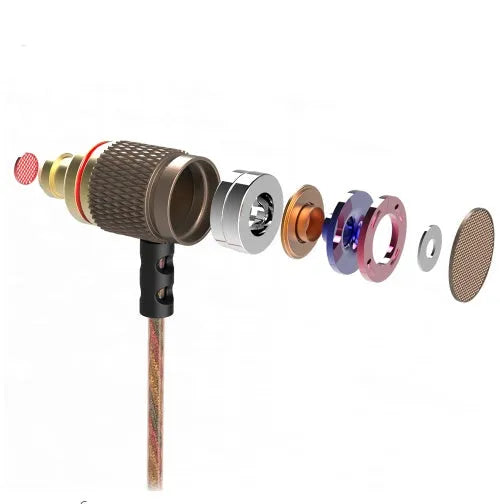 Brown in-ear wired headphones with metal subwoofer, microphone, L-bend 3.5mm plug, TPE wire on white background