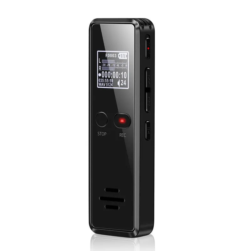 Black zinc alloy USB voice recorder MP3 player with LCD screen showing recording time