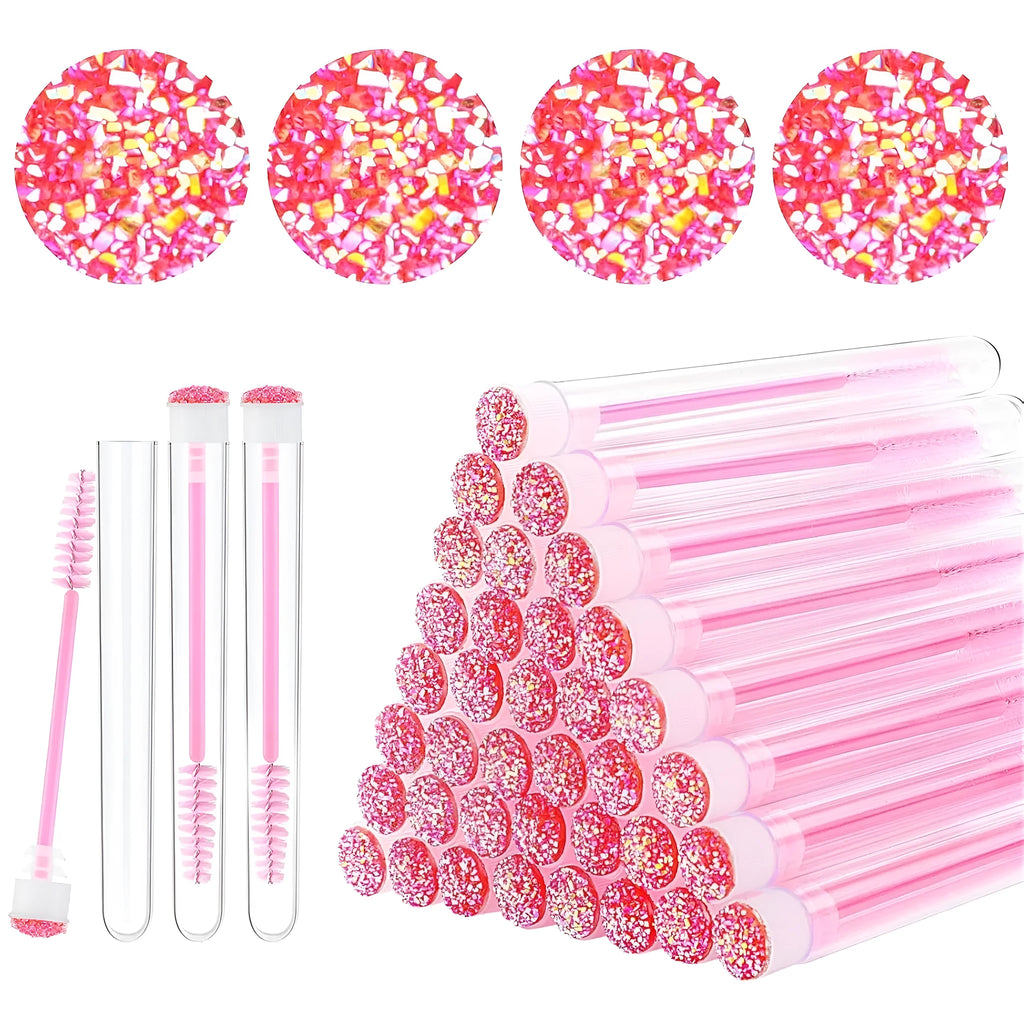 Set of coloured disposable eyelash brushes stored in clear plastic tubes