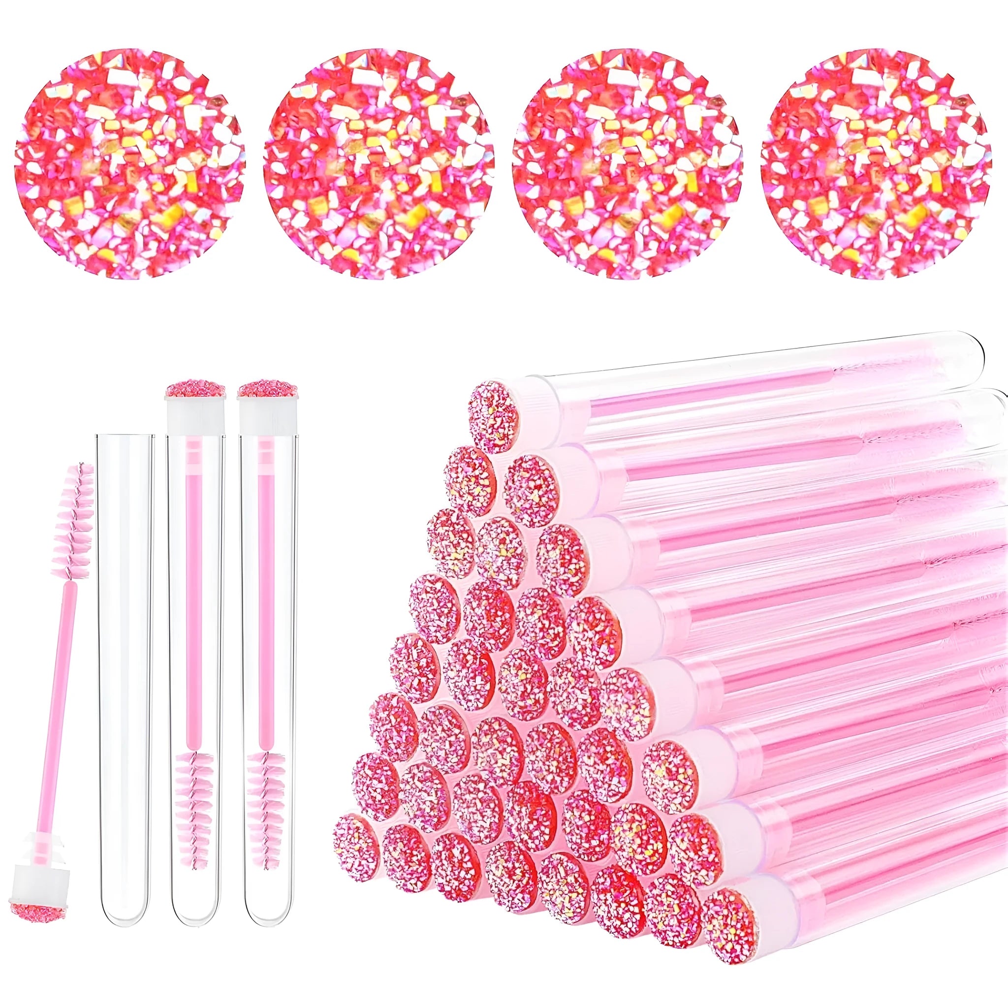Set of coloured disposable eyelash brushes stored in clear plastic tubes