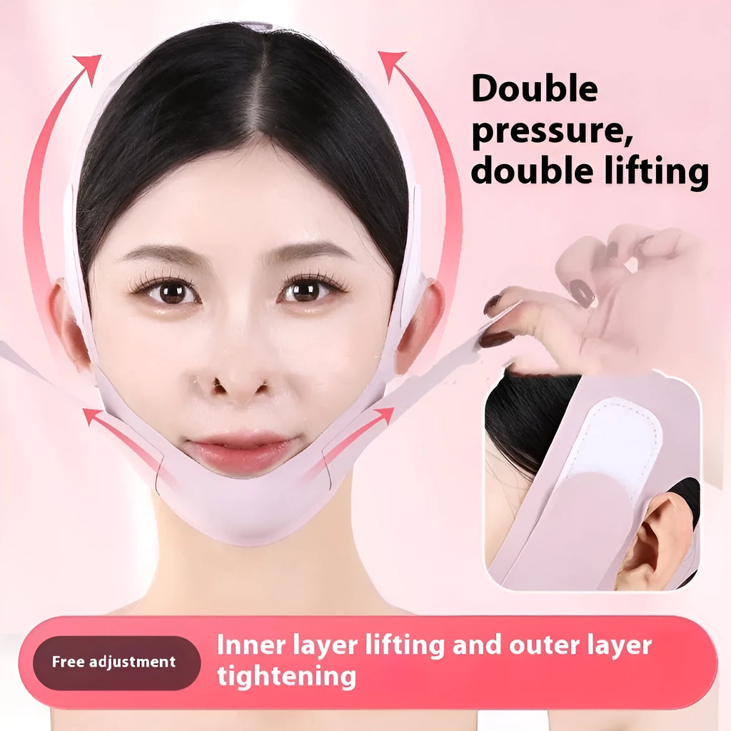 Purple and green V face shaping mask made from light breathable fabric for daily support.