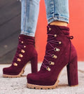 Women's suede high heel boots with thick heels, round toe, and buckle details in army green colour