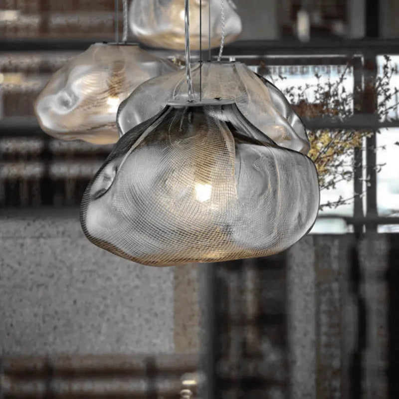 Modern fabric chandelier with glass shade in clear, amber or smoke grey colour options
