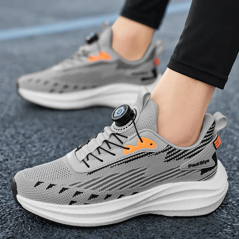 Men's white and green rotating buckle Fly-kit mesh sports shoes with round toe and flat heel design