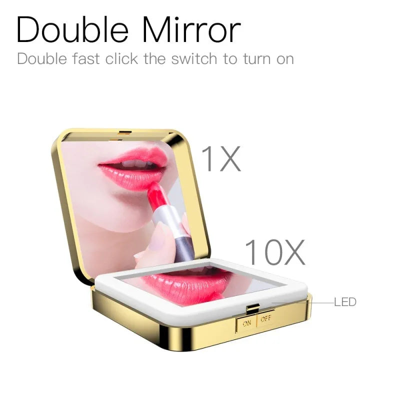 Black and white lighted makeup mirror showing magnifying side and adjustable LED light controls.