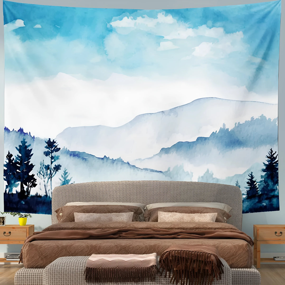 Blue printed polyester wall tapestry hanging on a wall with size options from 150x100cm to 150x230cm