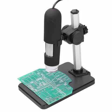 Black USB microscope camera with 1000X magnification, 8 LED lights, and adjustable focus