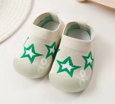 Baby soft sole non-slip walking shoes in fly woven cotton and natural rubber, available in multiple colours and sizes 11.5-15.5cm