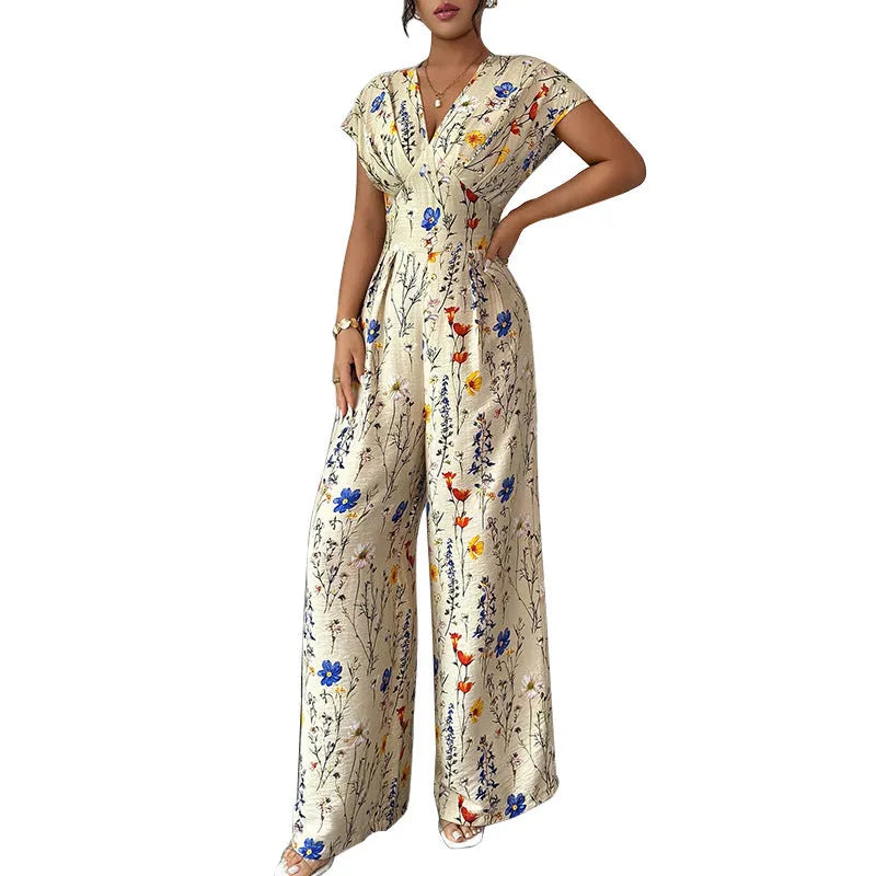 Apricot high-waist wide-leg pants with short sleeves and waist-cinching fit, polyester, sizes S to XL