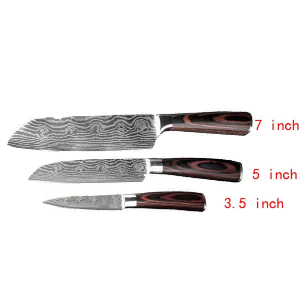 7Cr17 stainless steel chef knife with 18cm blade, laser Damascus pattern, and coloured wood handle