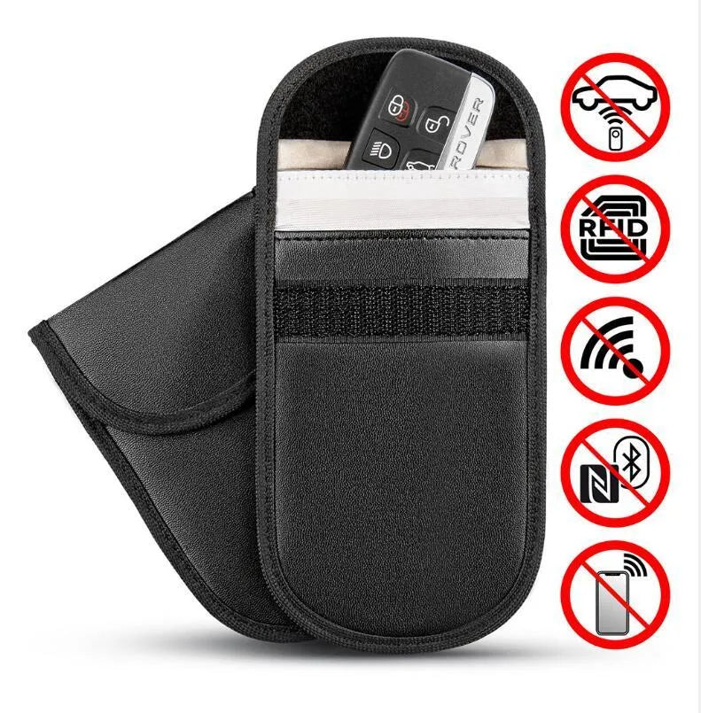 Black microfiber RFID signal blocker bag shown closed, measuring 13.5 by 9.5 centimetres.