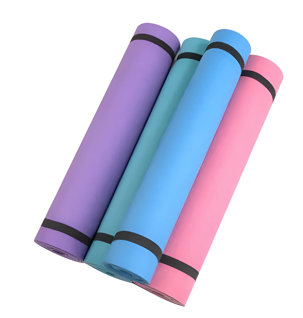 Super soft EVA yoga mat in red colour showing 4mm and 6mm thickness options for fitness exercises