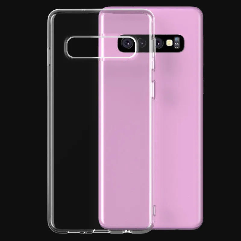 Transparent TPU phone case for Samsung S10, S10e and S10 Plus models showing front and back views