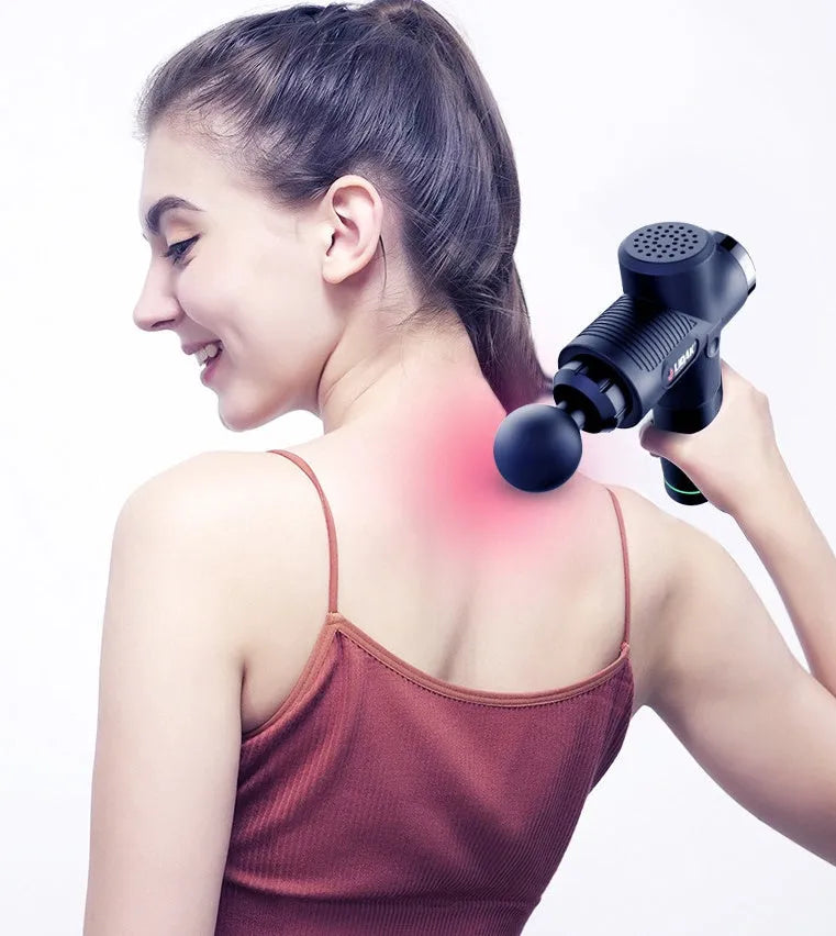 Fascia massage gun with 24V brushless motor, 30-speed control, six soft massage heads, and 2400mAh lithium battery in black.