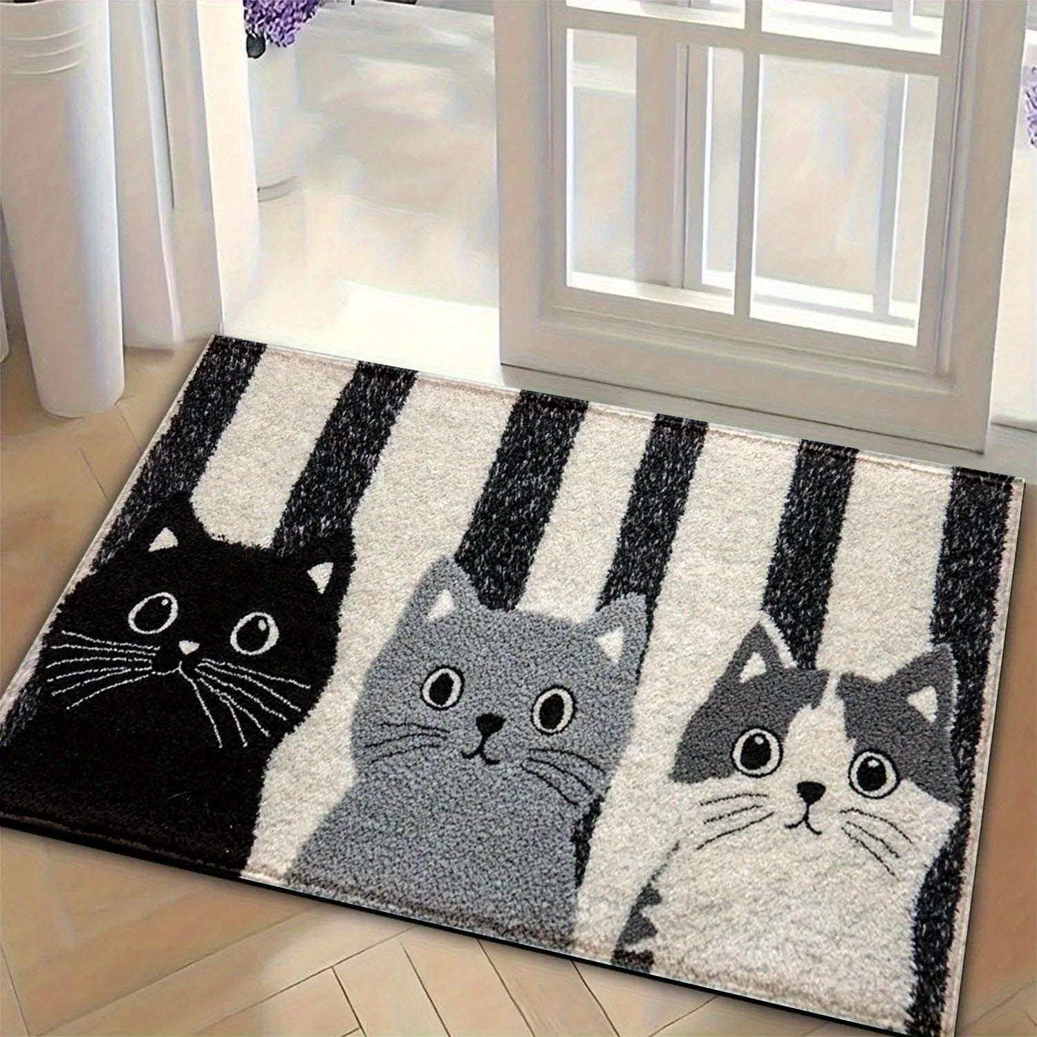 Bathroom absorbent floor mat with three kittens cartoon design, thick cashmere surface, 40x60cm size