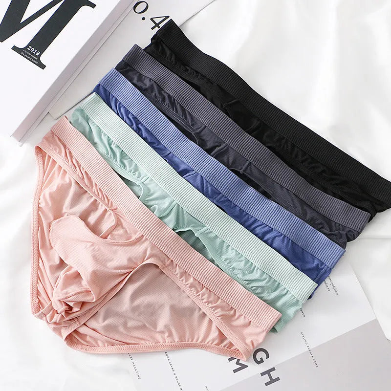 Men's low waist Ice Silk briefs in black, grey, purple blue, light green, and pink colour options.