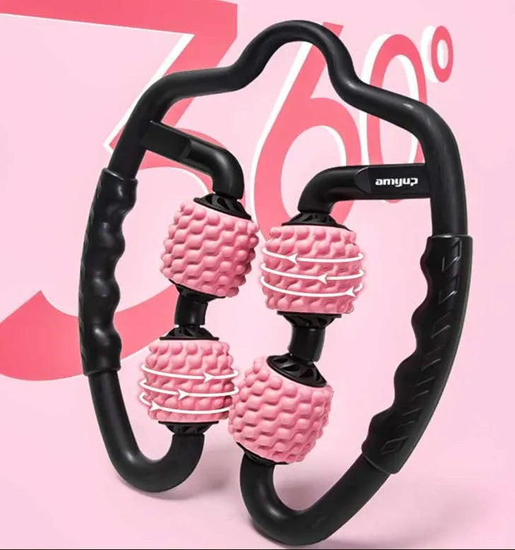 U shape trigger point massage roller for leg calf muscle recovery in black ABS plastic with four wheels
