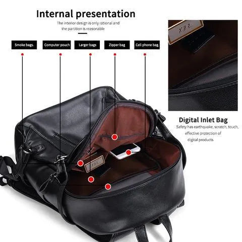 Real leather USB charging backpack with large capacity and waterproof design