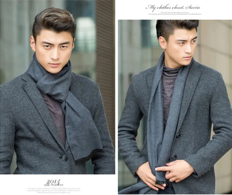 Men's brushed silk winter scarf in black, 180x30cm, lying flat showing texture