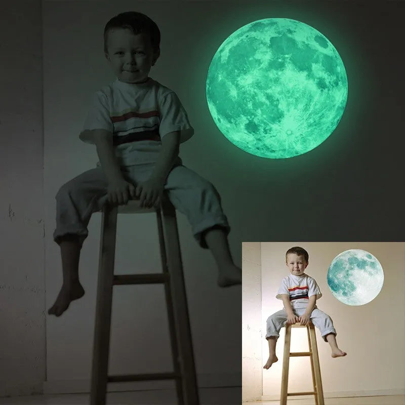 30cm green fluorescent moon wall sticker with super bright glitter finish on a bedroom wall