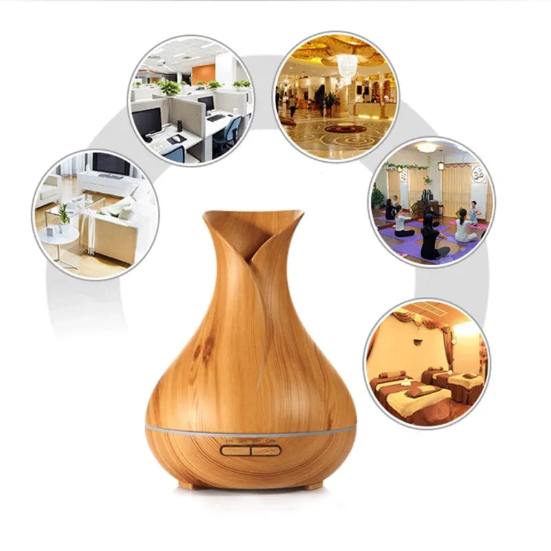 Ultrasonic aroma diffuser 400ml tank with 7 LED colour lights, dark wood finish, and plug options.